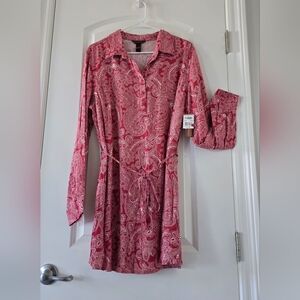 Bit & Bridal Red White Paisley‎ L/S Dress Tie Waist Womens Large New With Tag